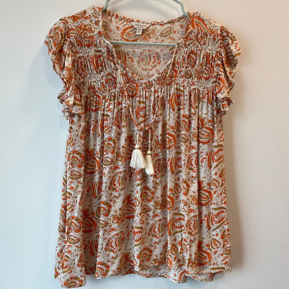 Lucky Brand Top Women M Orange Paisley Smocked Tassel Flutter Sleeve Flowy Fall
